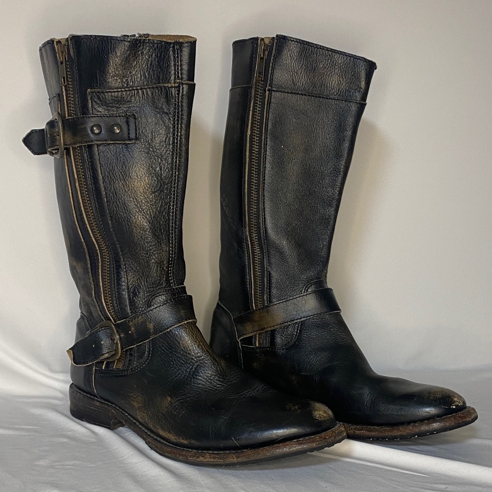 BED|STU Black Leather Mid-Calf Moto Boots